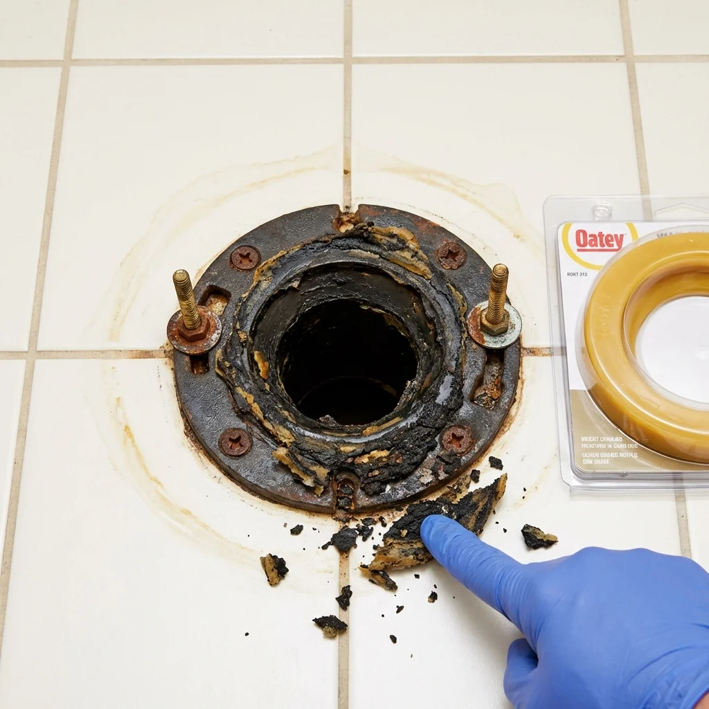 Failed wax ring showing water seepage at the base of a toilet in a Wickliffe, OH home